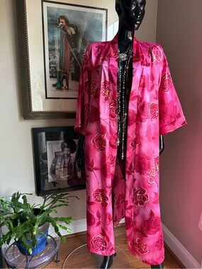 Pink Satin Rose Print Kimono Robe | Belted Duster Cover-Up | One Size